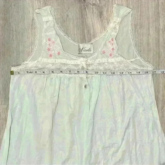 Vintage Nicole Sleeveless Nightgown Satin Lace Slip Blue Modest Chemise Size S - Picture 3 of 7